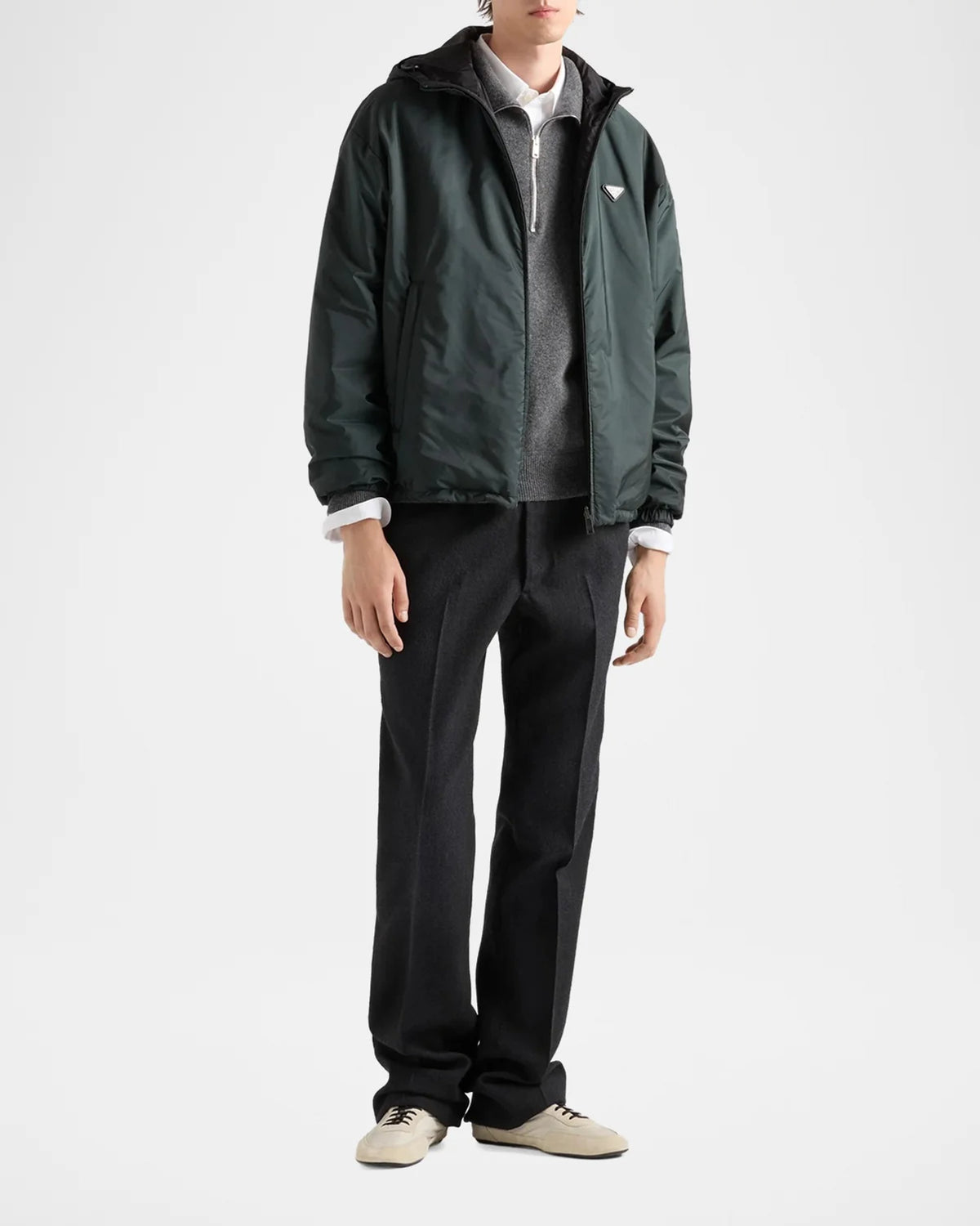 Prada Reversible Re-Nylon Jacket in green, worn full-length view