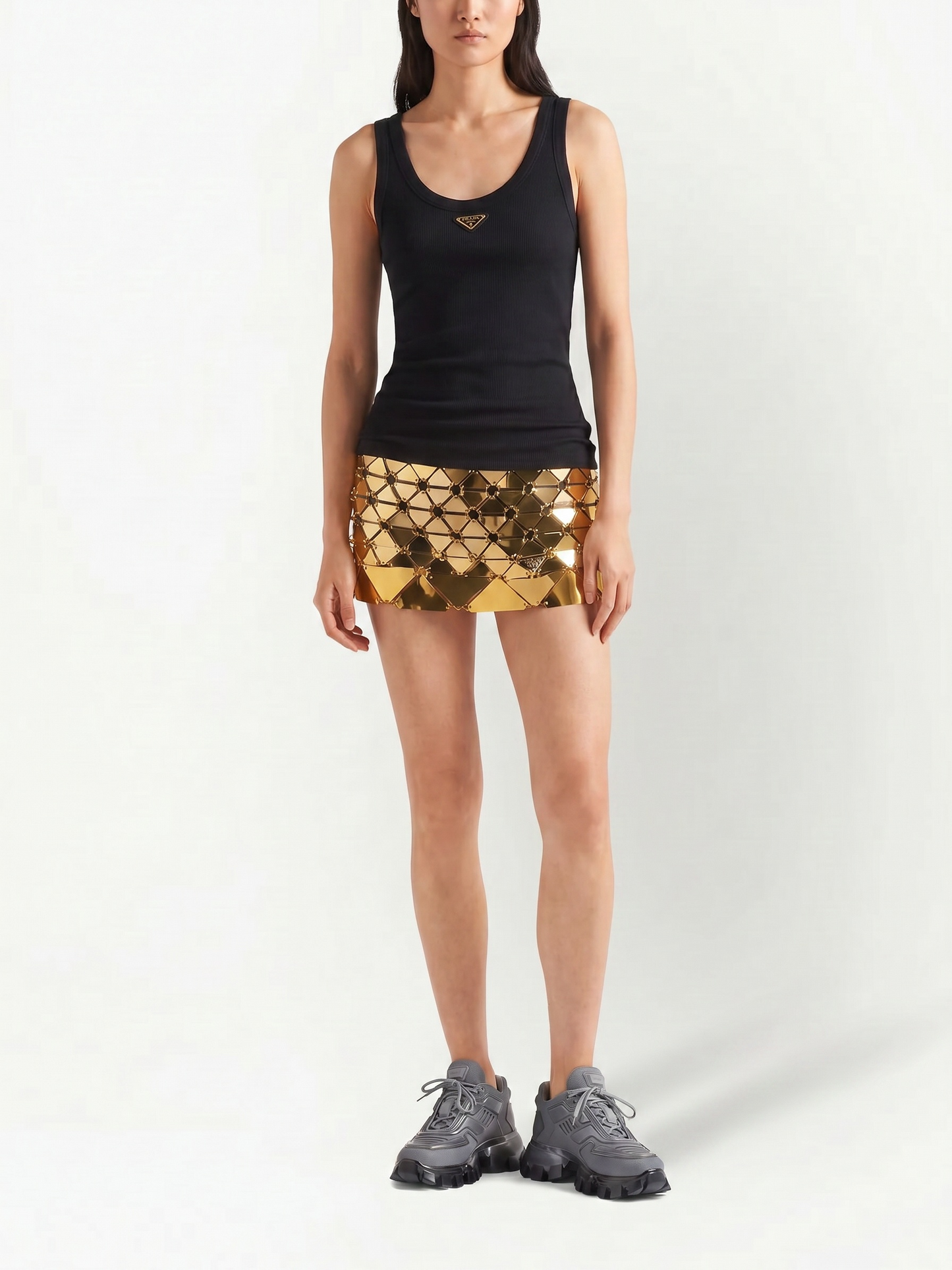 Prada ribbed-knit jersey tank top in Black, model detail — The Quiet Edition