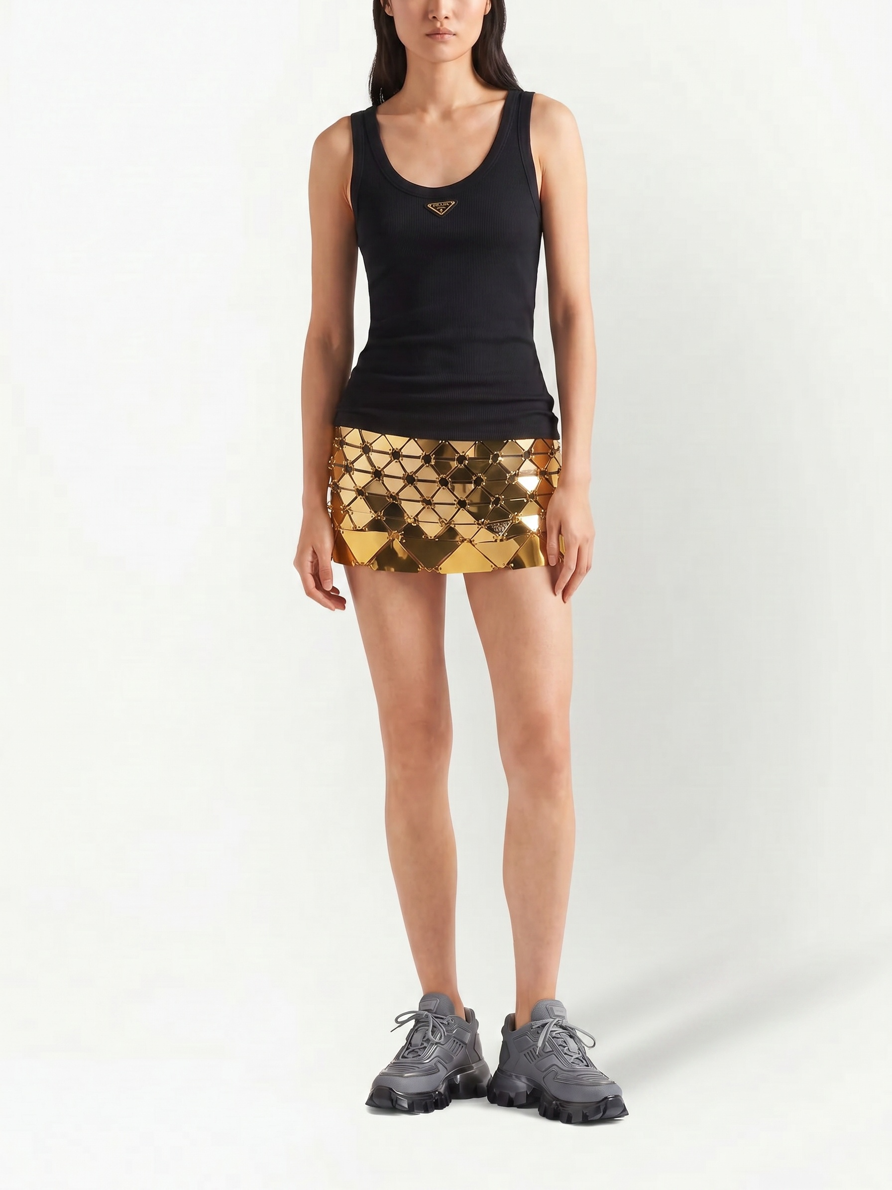 Prada ribbed-knit jersey tank top in Black, model detail — The Quiet Edition