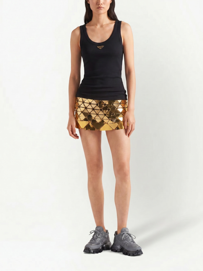Prada ribbed-knit jersey tank top in Black, model detail — The Quiet Edition