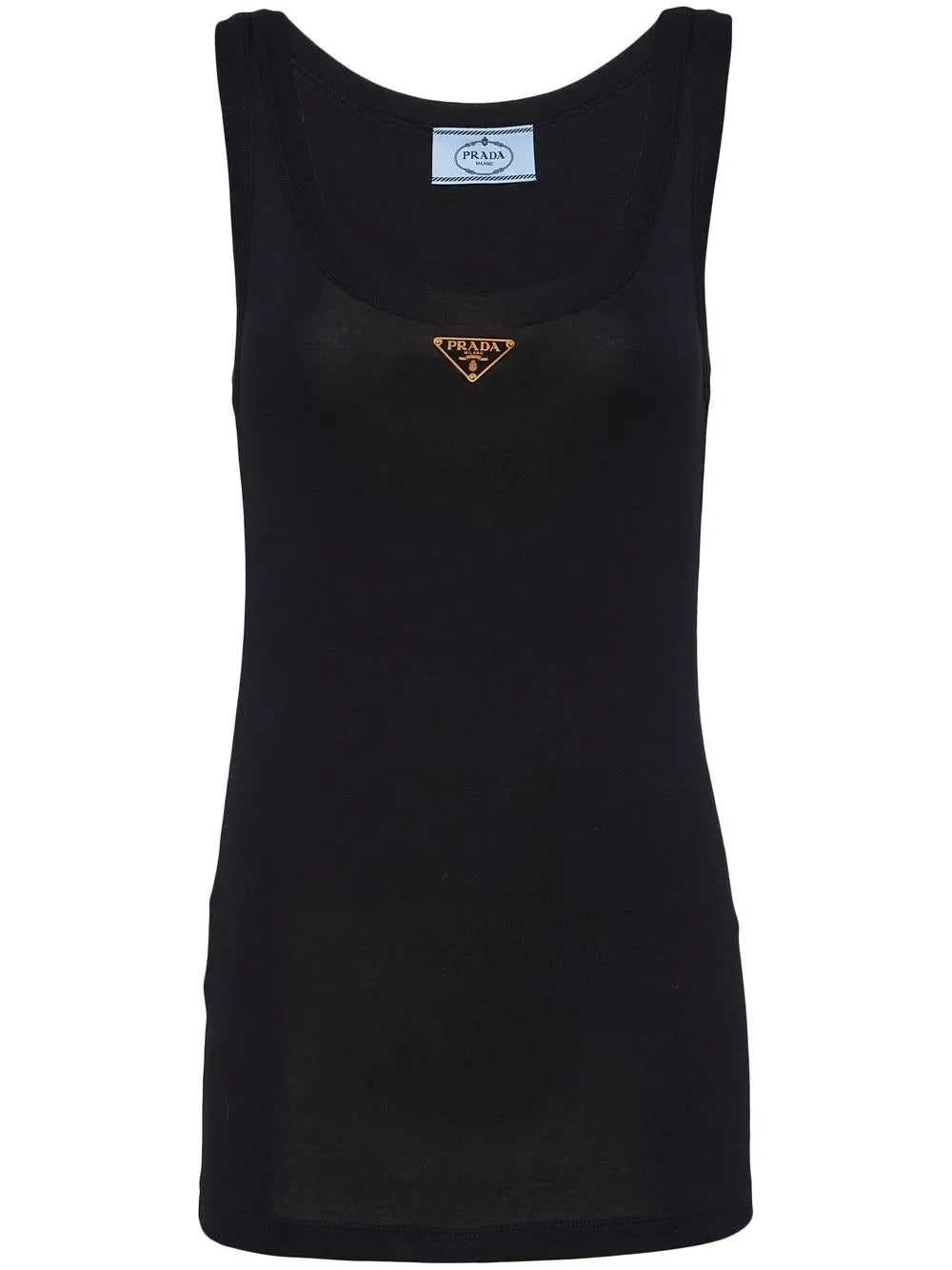 Prada ribbed-knit jersey tank top in Black, model front — The Quiet Edition