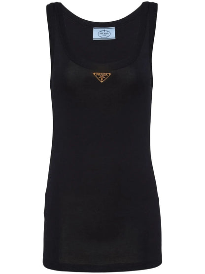Prada ribbed-knit jersey tank top in Black, model front — The Quiet Edition