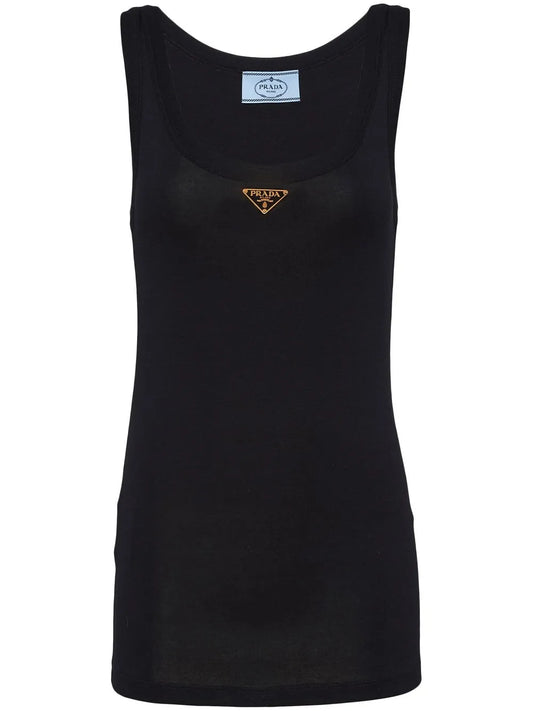 Prada ribbed-knit jersey tank top in Black, model front — The Quiet Edition