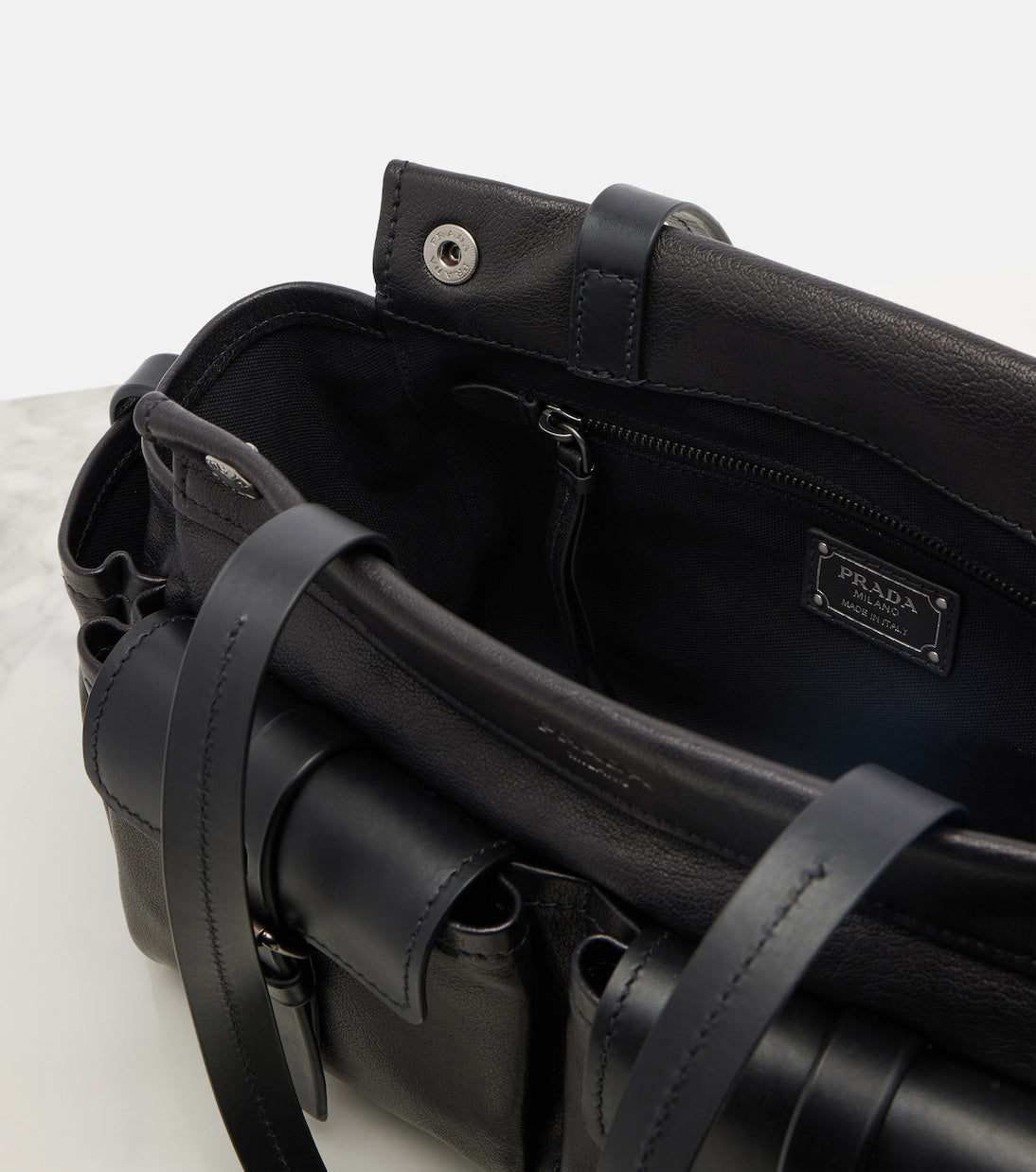 Prada Route Leather Tote Bag in Black, angle — The Quiet Edition