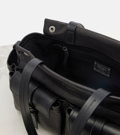 Prada Route Leather Tote Bag in Black, angle — The Quiet Edition