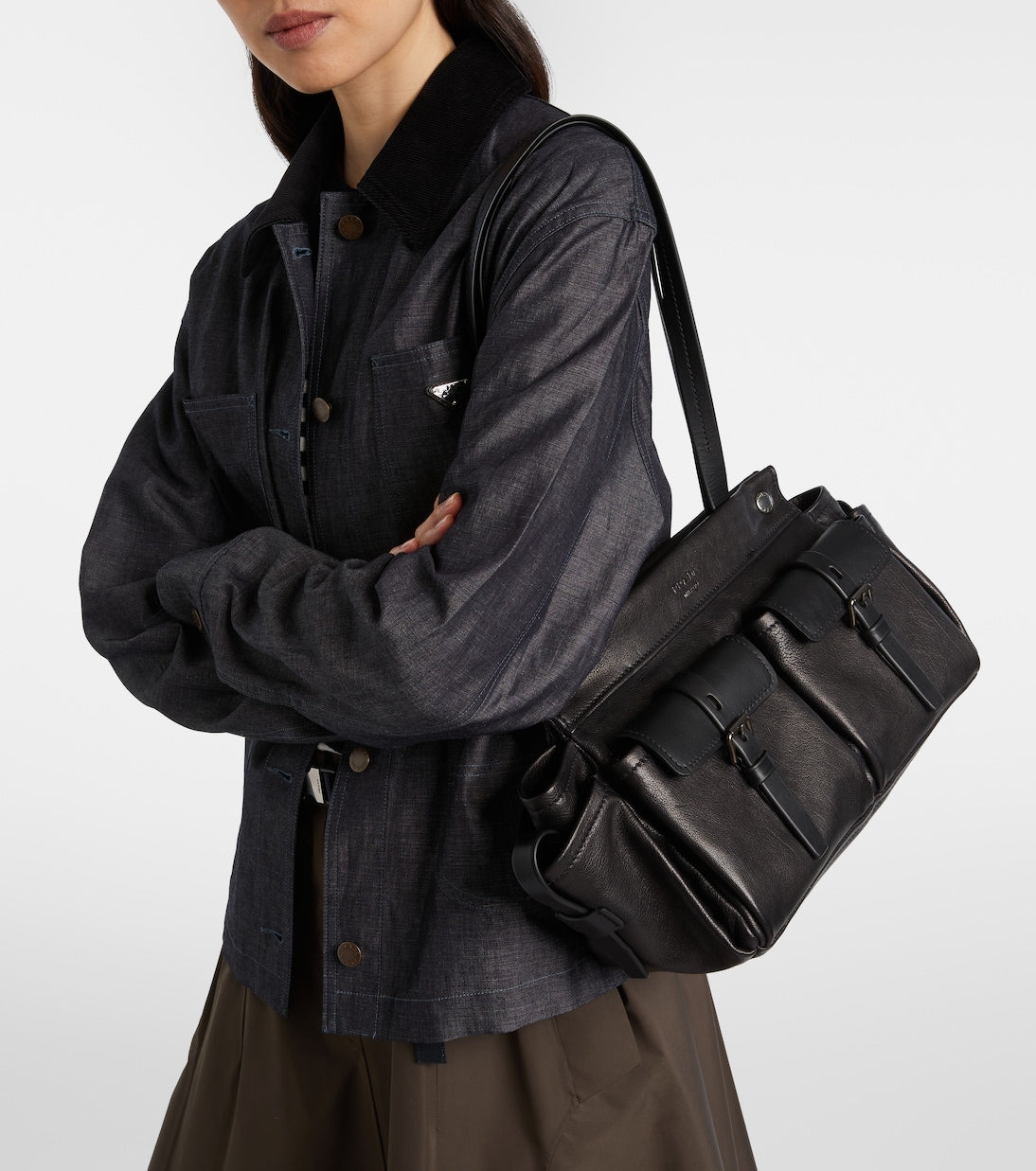Prada Route Leather Tote Bag in Black, side — The Quiet Edition