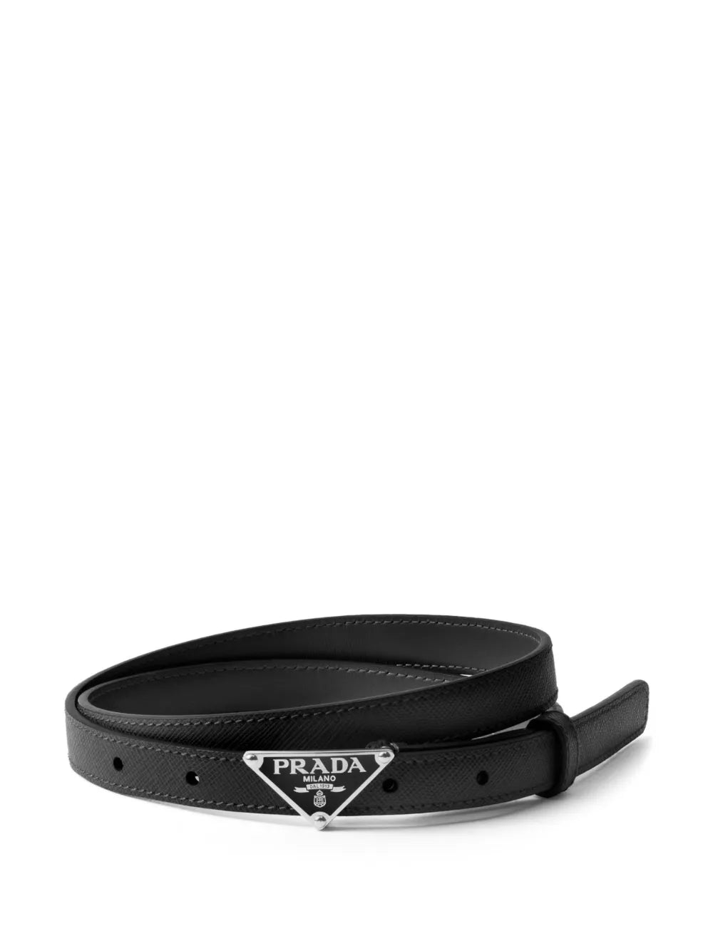 Prada Saffiano Leather Belt in Black, front — The Quiet Edition