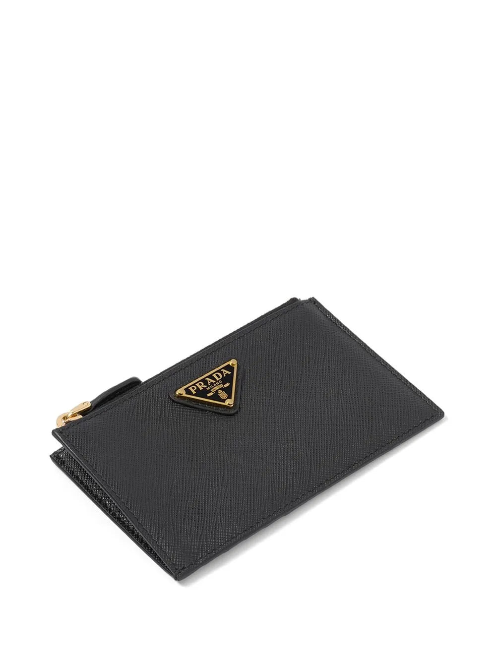 Prada Saffiano Leather Card Holder with gold hardware, angle — The Quiet Edition