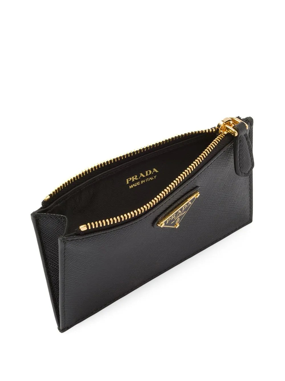 Prada Saffiano Leather Card Holder with gold hardware, side — The Quiet Edition