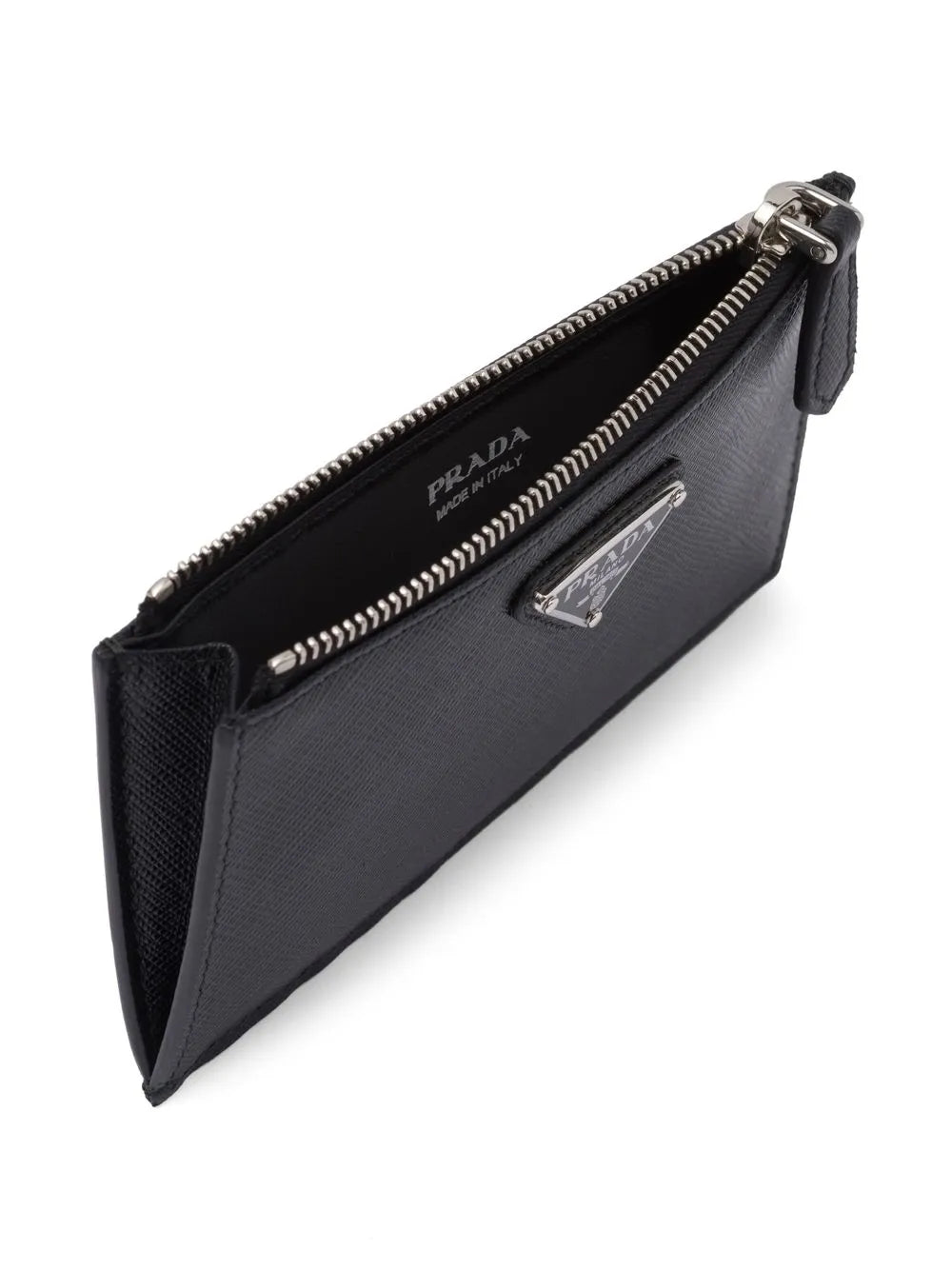 Prada Saffiano Leather Card Holder with silver hardware, side — The Quiet Edition