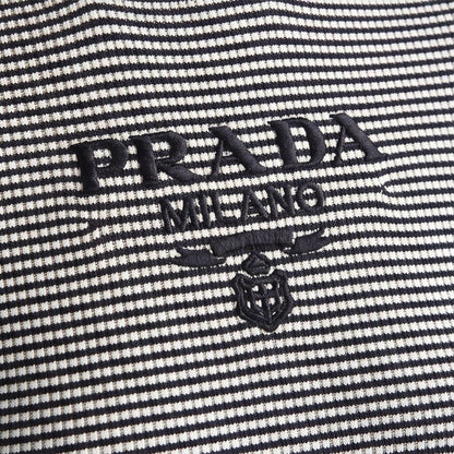 Prada silk cropped logo sweater in navy stripes, embroidered logo detail — The Quiet Edition