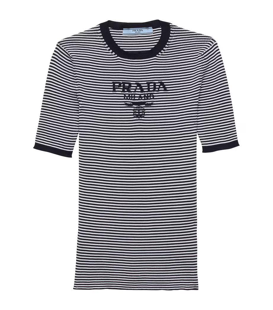 Prada silk cropped logo sweater in navy stripes, front view — The Quiet Edition