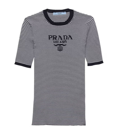 Prada silk cropped logo sweater in navy stripes, front view — The Quiet Edition