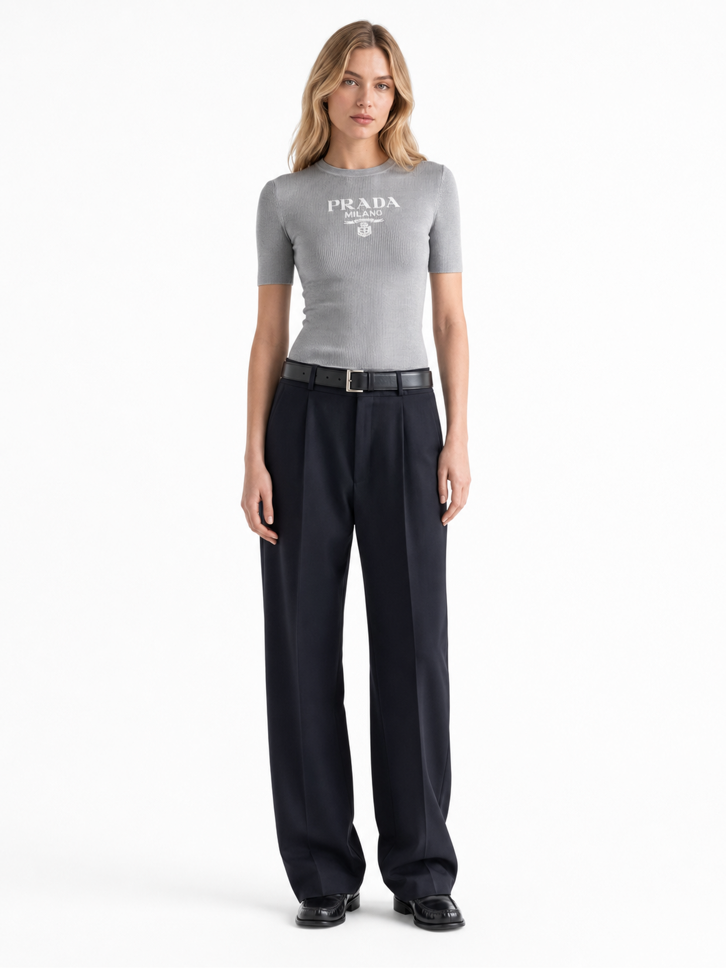 Prada Silk Logo Longline T-Shirt in Grey, front product — The Quiet Edition
