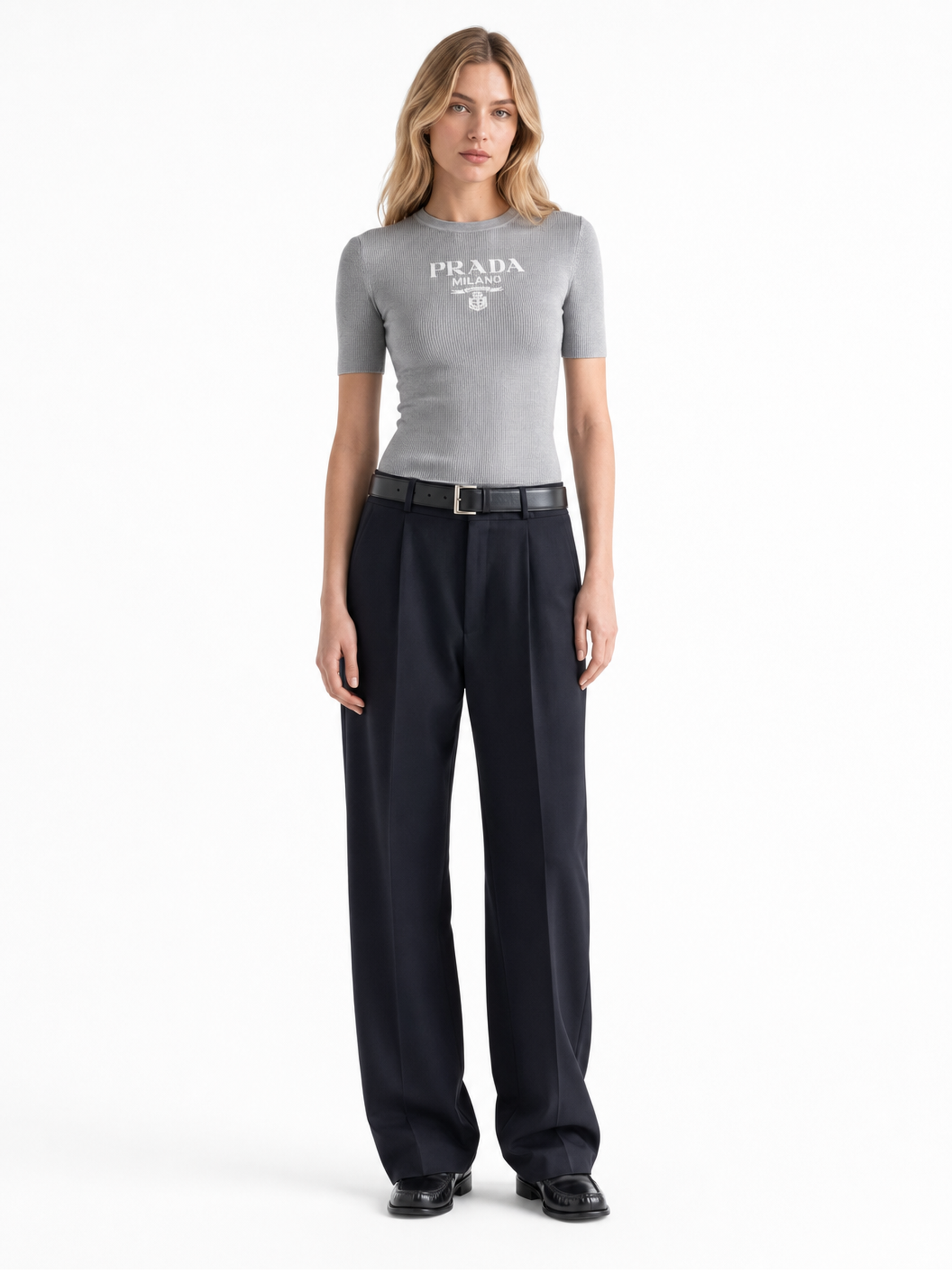 Prada Silk Logo Longline T-Shirt in Grey, front product — The Quiet Edition