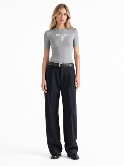 Prada Silk Logo Longline T-Shirt in Grey, front product — The Quiet Edition