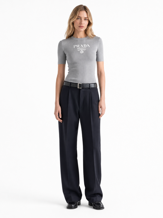 Prada Silk Logo Longline T-Shirt in Grey, front product — The Quiet Edition