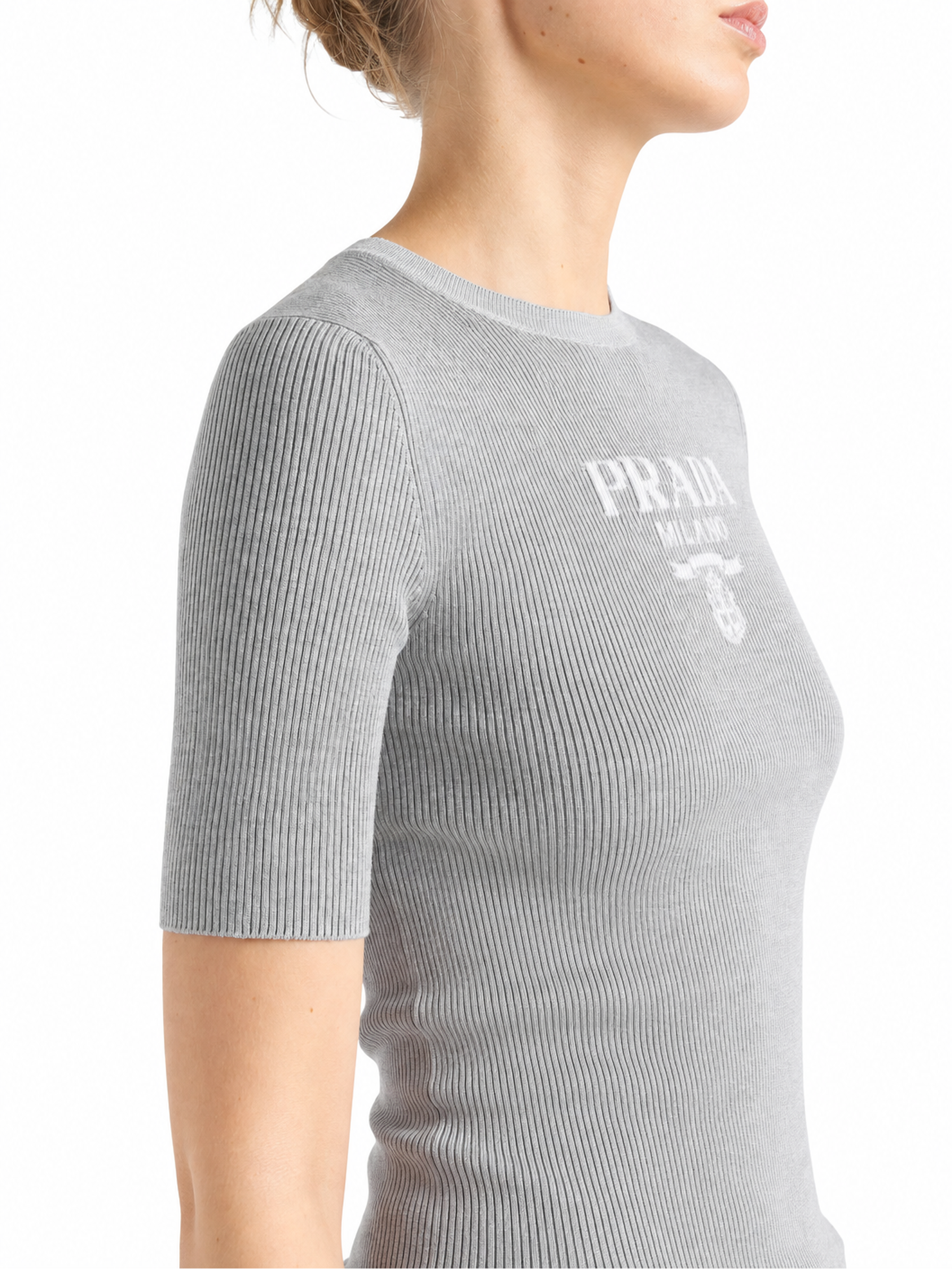 Prada Silk Logo Longline T-Shirt in Grey, model back — The Quiet Edition