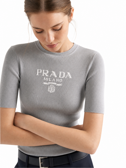 Prada Silk Logo Longline T-Shirt in Grey, model detail — The Quiet Edition
