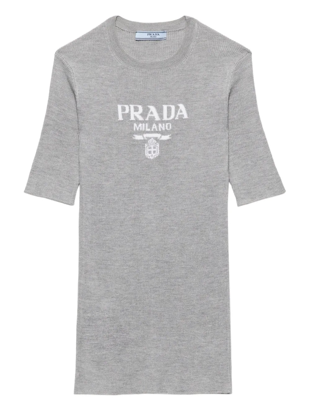 Prada Silk Logo Longline T-Shirt in Grey, model front — The Quiet Edition