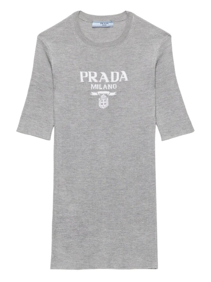 Prada Silk Logo Longline T-Shirt in Grey, model front — The Quiet Edition