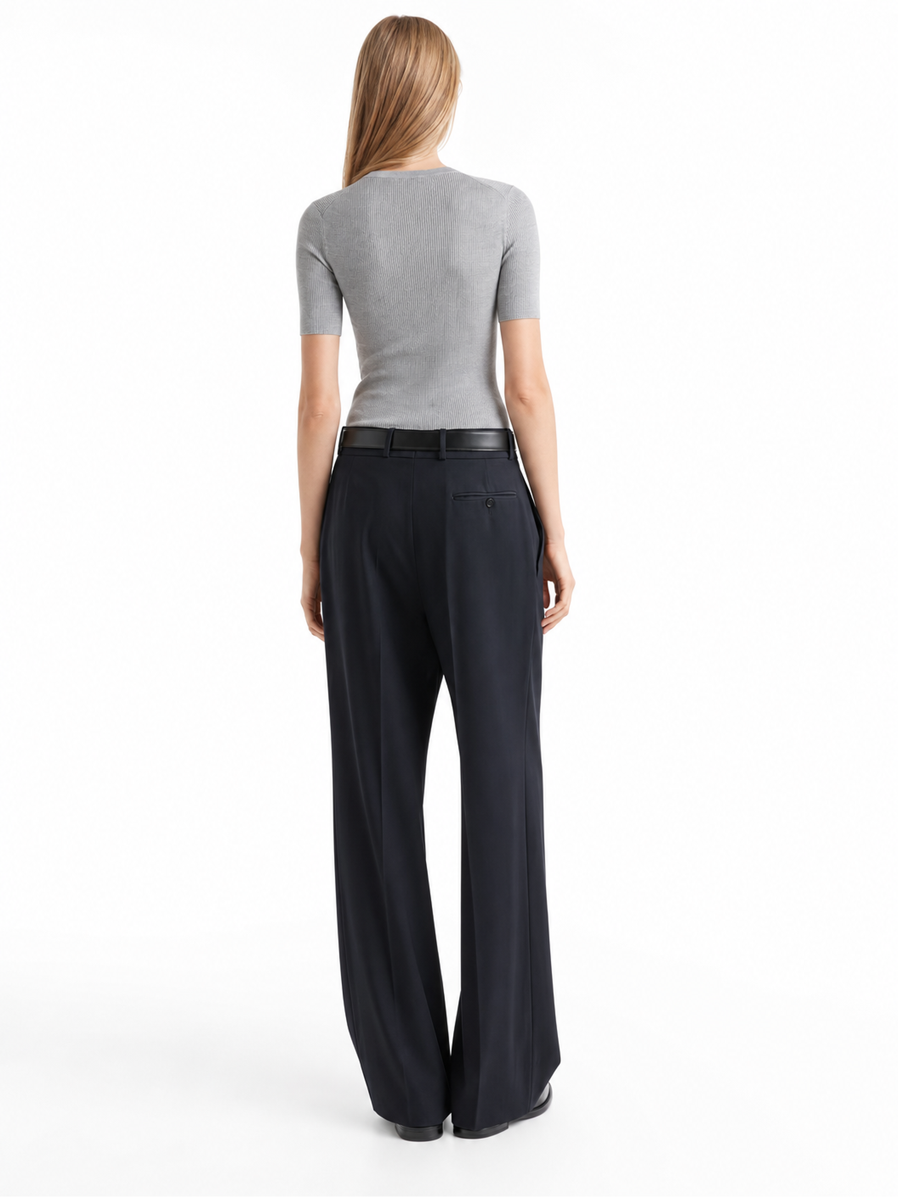 Prada Silk Logo Longline T-Shirt in Grey, model side — The Quiet Edition