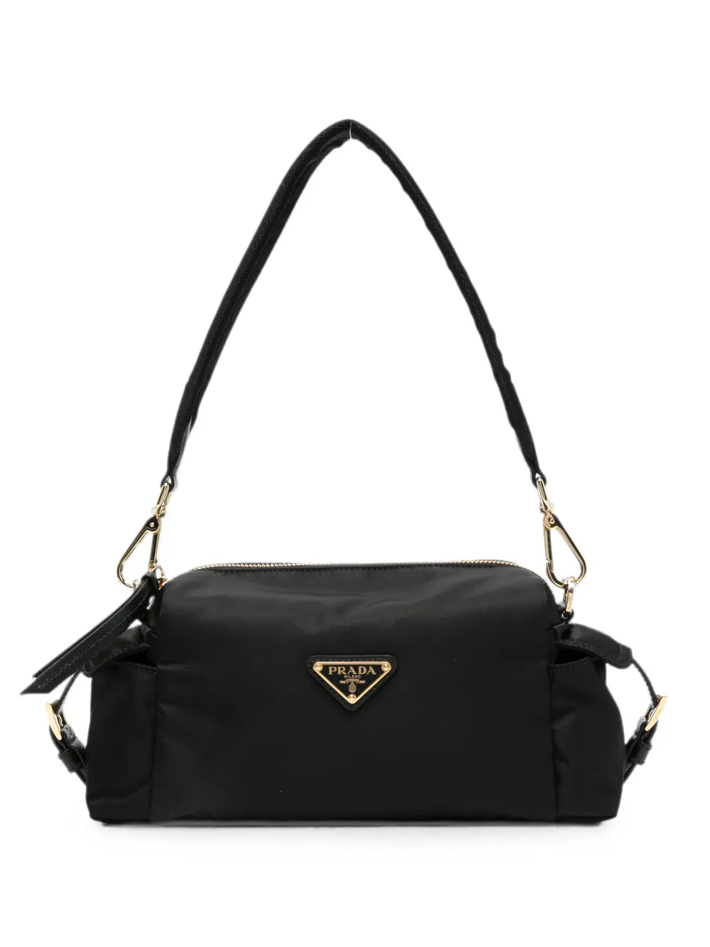 Prada Small Re-Nylon Shoulder Bag in black, front view — The Quiet Edition