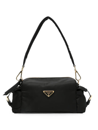 Prada Small Re-Nylon Shoulder Bag in black, front view — The Quiet Edition