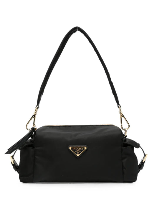 Prada Small Re-Nylon Shoulder Bag in black, front view — The Quiet Edition