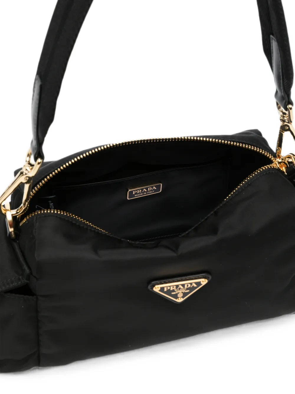 Prada Small Re-Nylon Shoulder Bag in black, interior view — The Quiet Edition