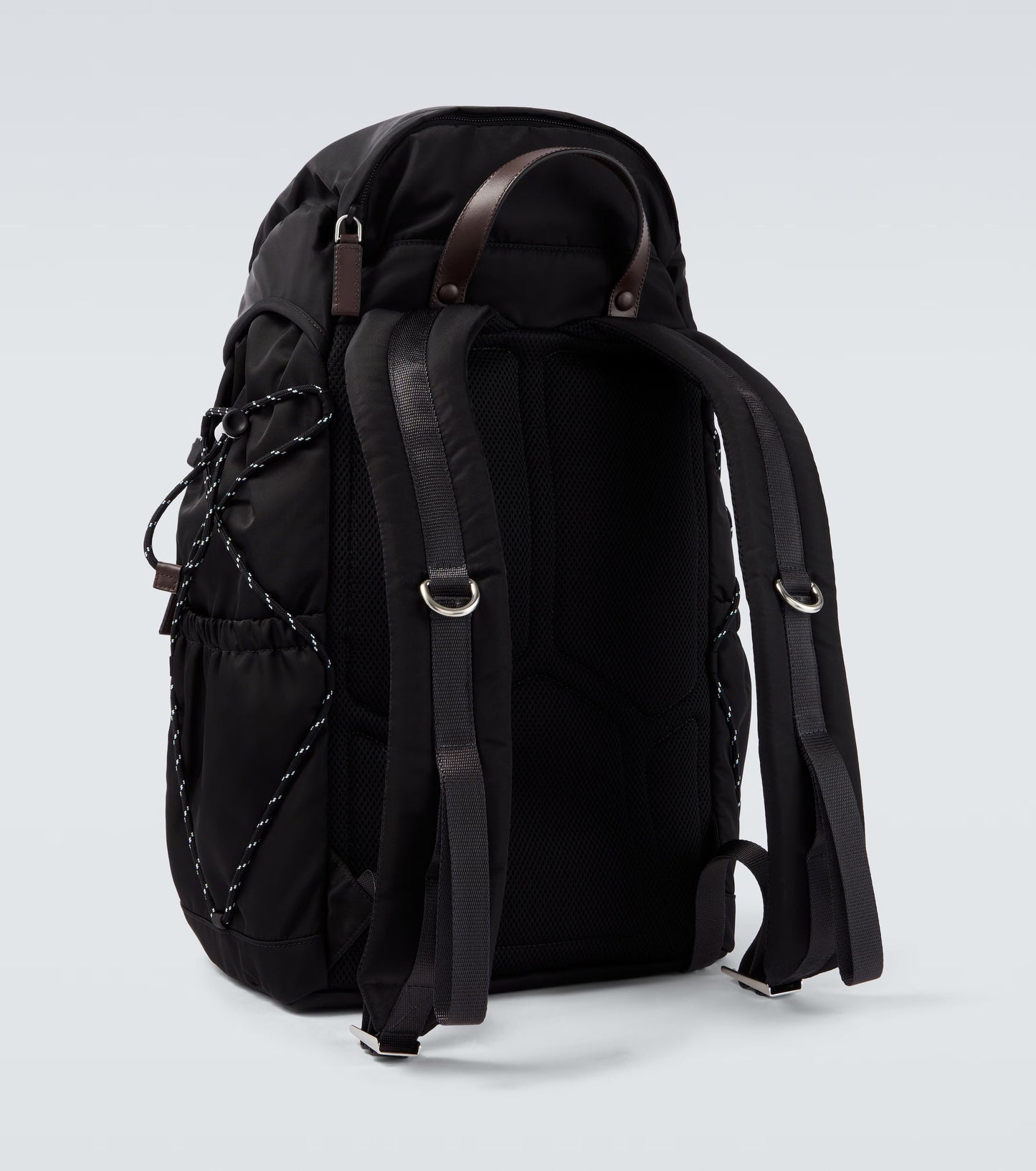 Prada Speedrock Re-Nylon backpack in black, back view with straps — The Quiet Edition
