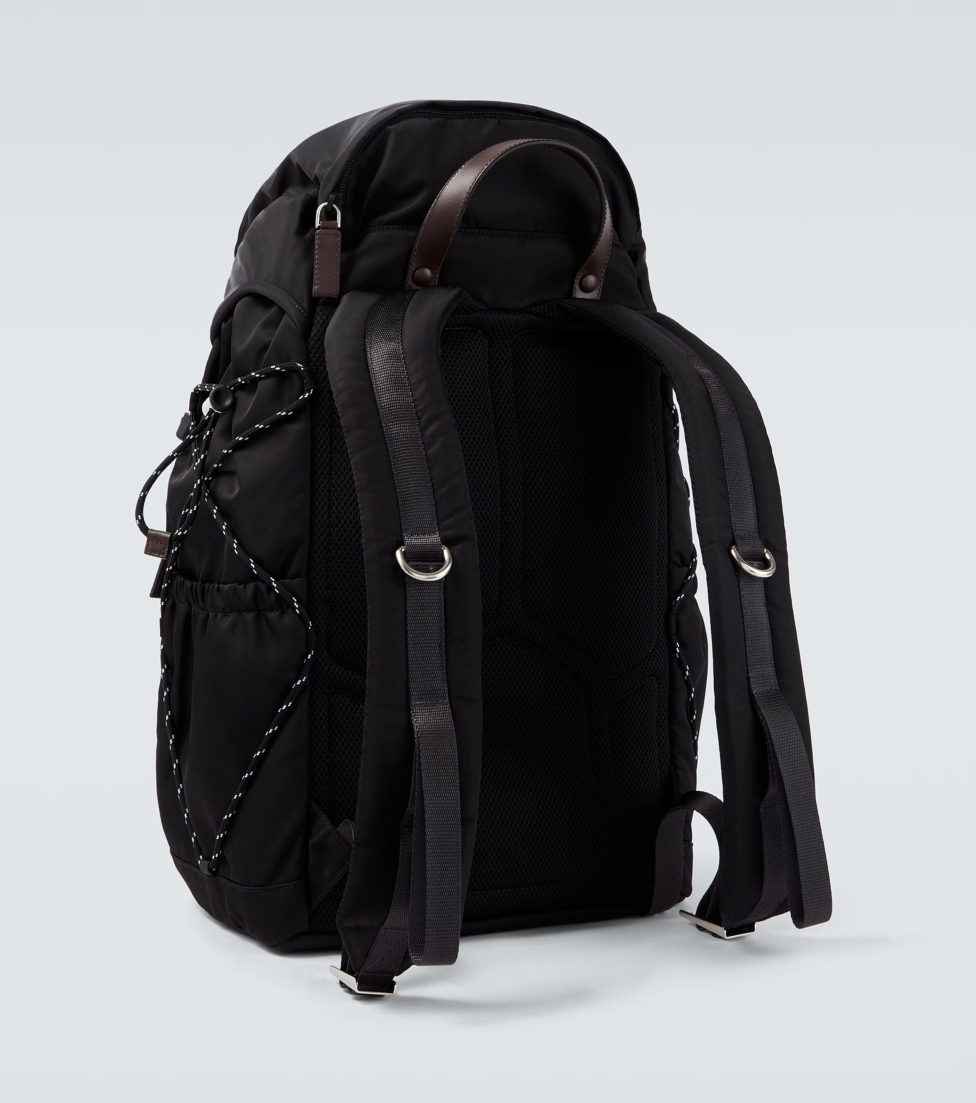 Prada Speedrock Re-Nylon backpack in black, back view with straps — The Quiet Edition