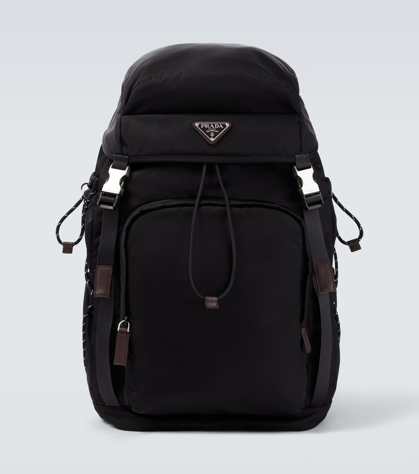 Prada Speedrock Re-Nylon backpack in black, front view — The Quiet Edition