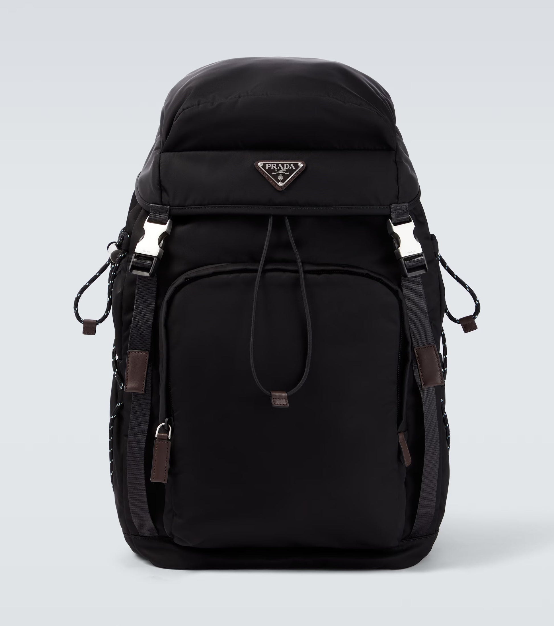 Prada Speedrock Re-Nylon backpack in black, front view — The Quiet Edition