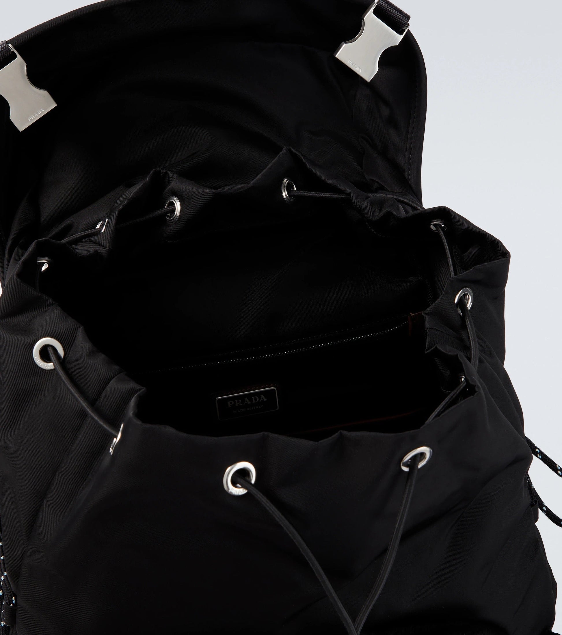 Prada Speedrock Re-Nylon backpack in black, interior view — The Quiet Edition