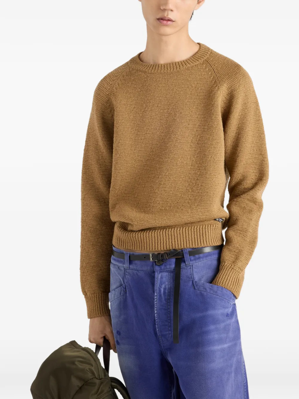 Prada Wool Crew-Neck Sweater in Camel, worn front view — The Quiet Edition