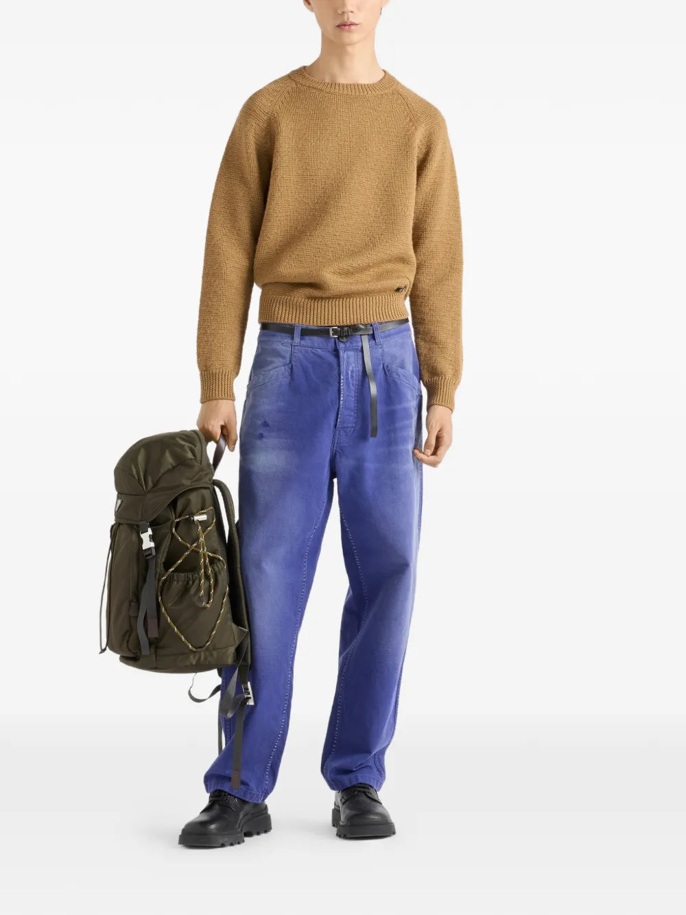 Prada Wool Crew-Neck Sweater in Camel, worn front full-length view — The Quiet Edition