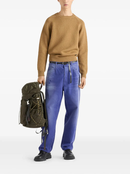 Prada Wool Crew-Neck Sweater in Camel, worn front full-length view — The Quiet Edition
