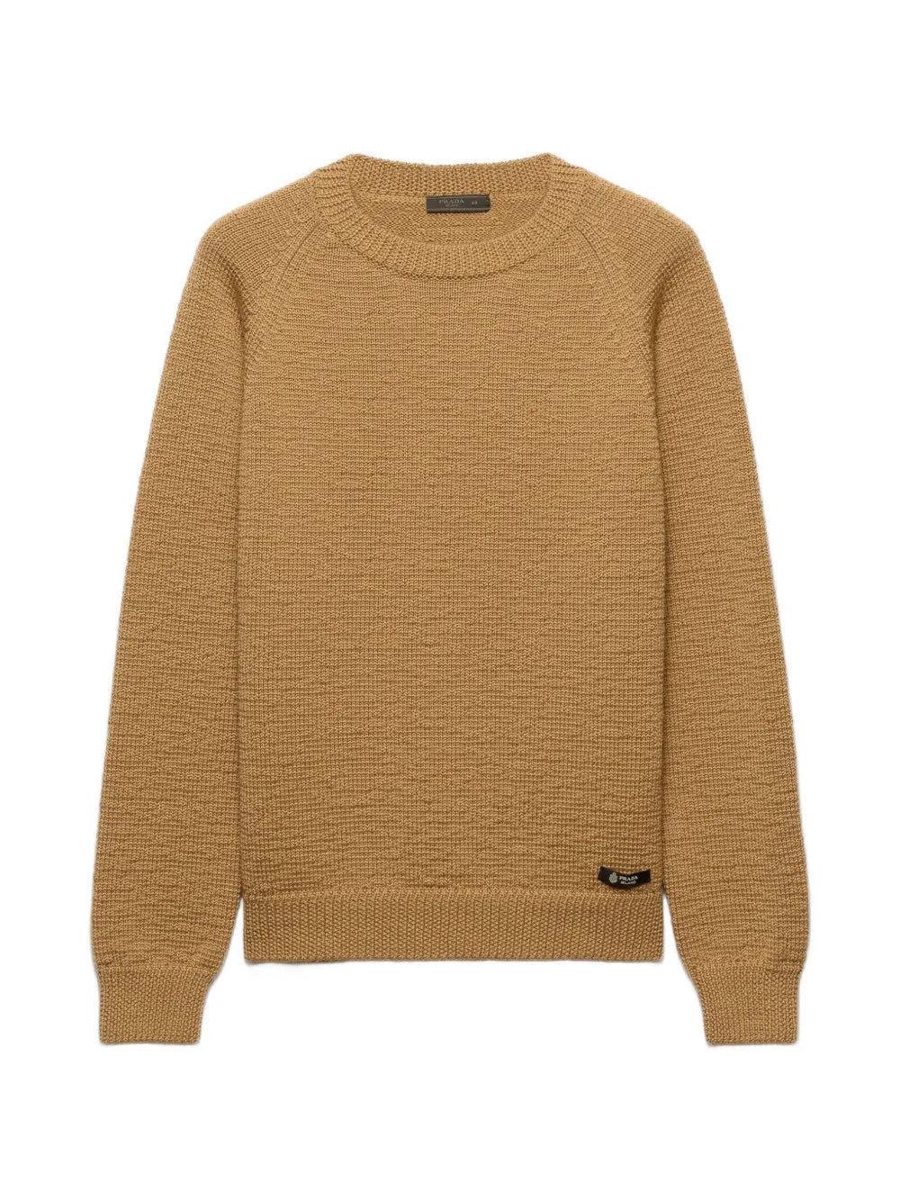 Prada Wool Crew-Neck Sweater in Camel, flat front view — The Quiet Edition