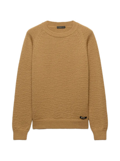 Prada Wool Crew-Neck Sweater in Camel, flat front view — The Quiet Edition