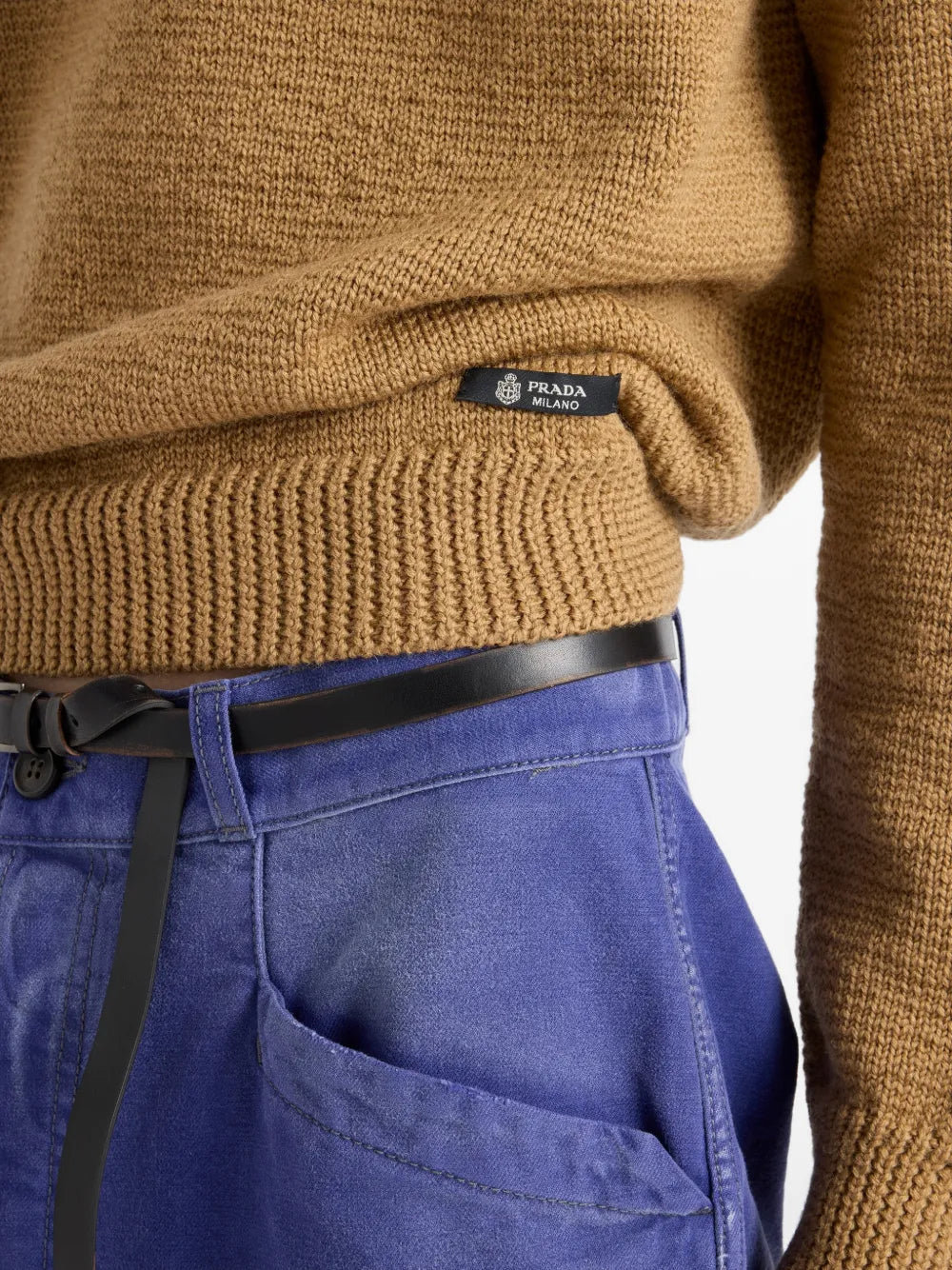 Prada Wool Crew-Neck Sweater in Camel, hem and logo label detail — The Quiet Edition