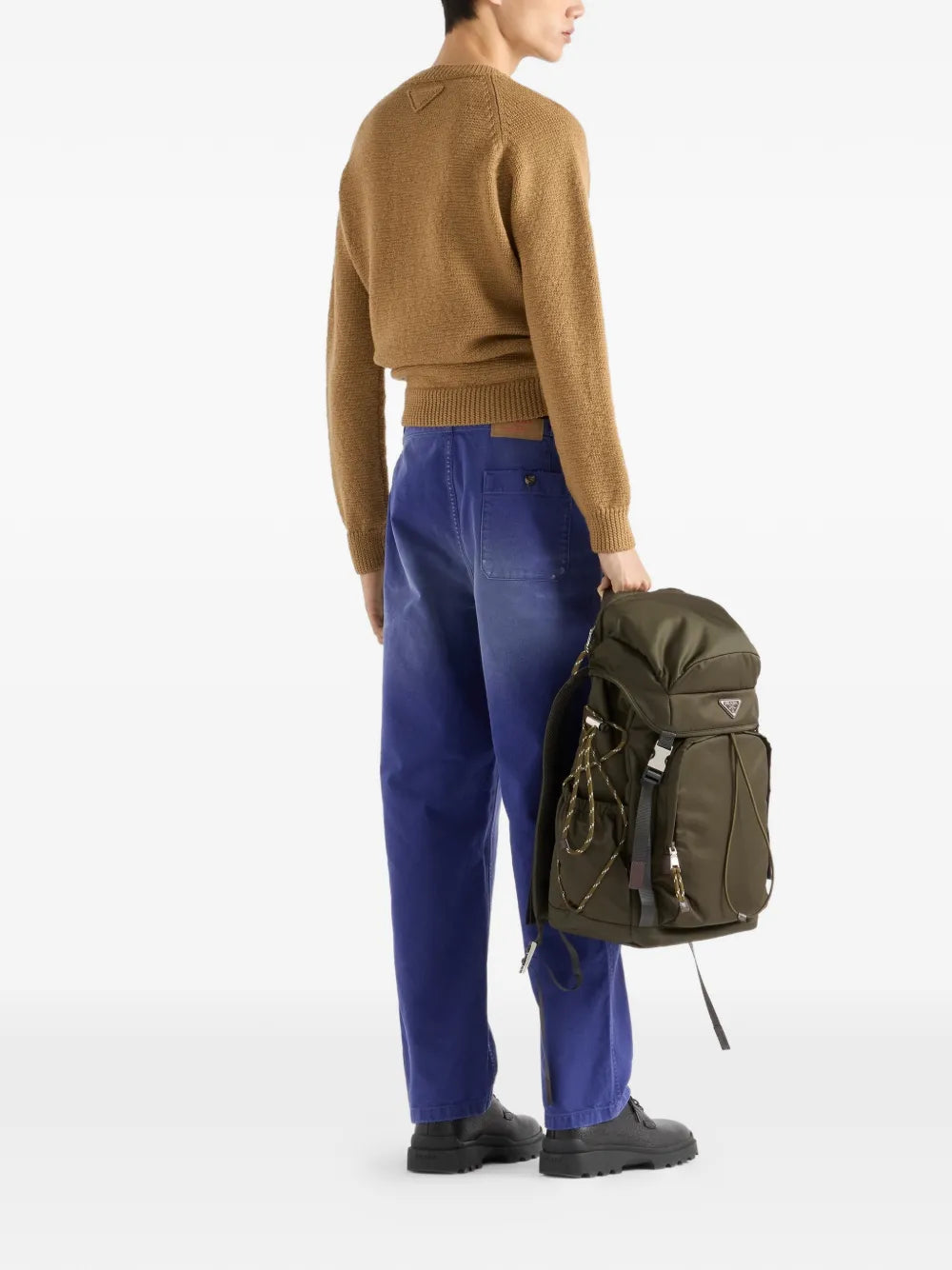 Prada Wool Crew-Neck Sweater in Camel, worn back full-length view — The Quiet Edition