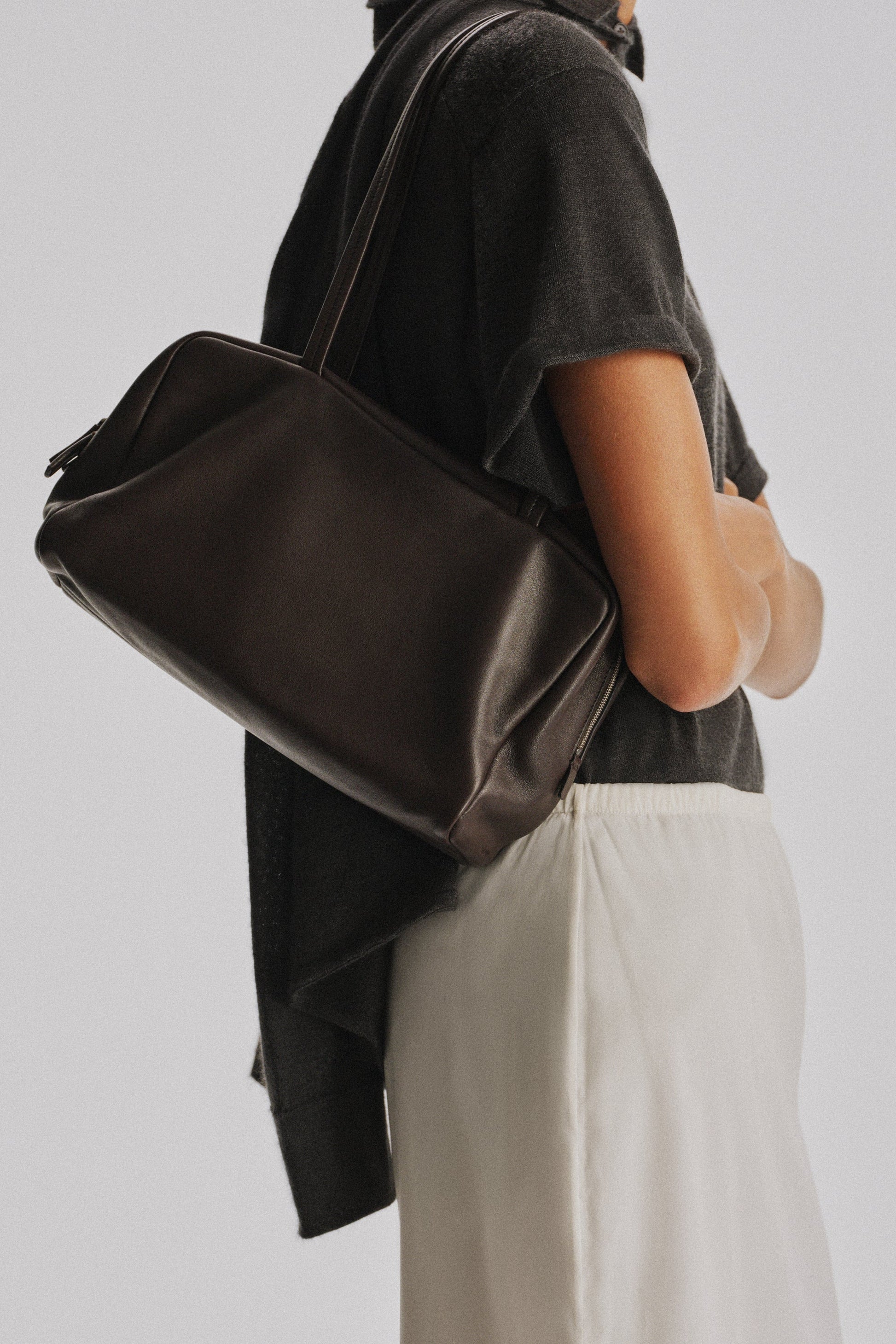The Row Astra Bowling Bag in Dark Brown, detail — The Quiet Edition