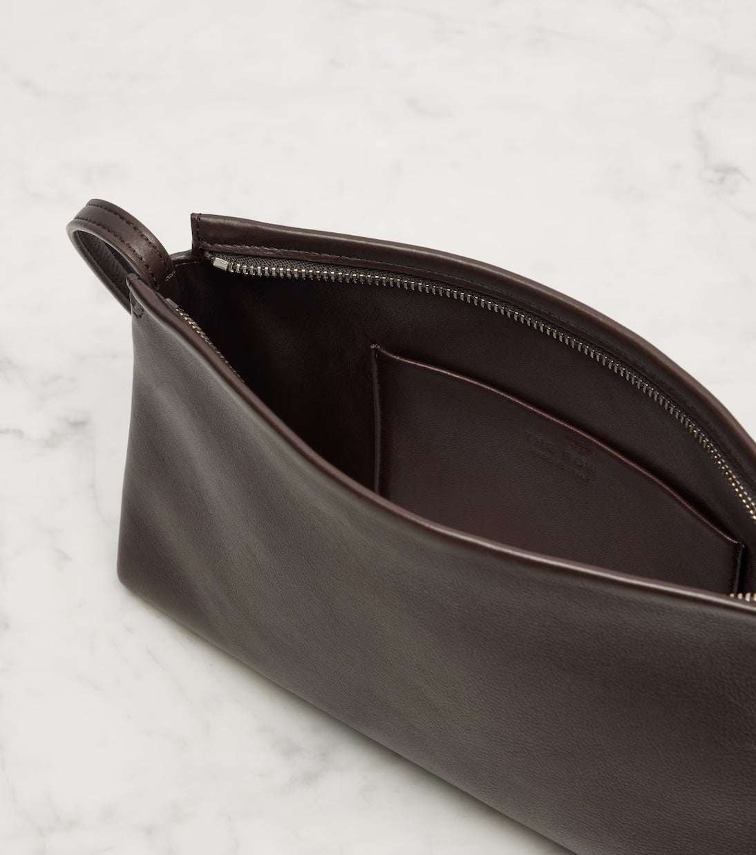 The Row Rene shoulder bag in brown, interior with slip pocket — The Quiet Edition