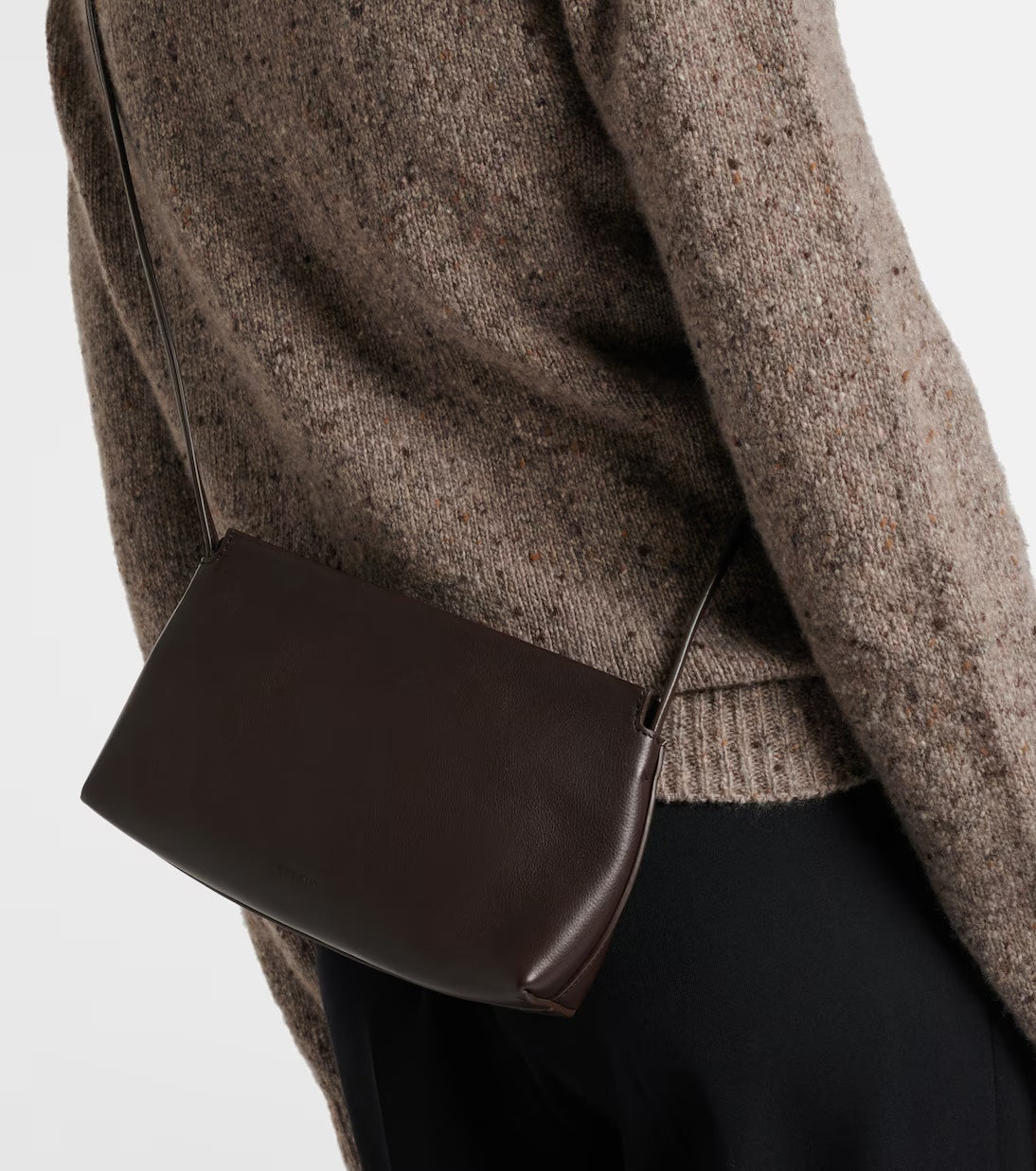 The Row Rene shoulder bag in brown, model crossbody view — The Quiet Edition