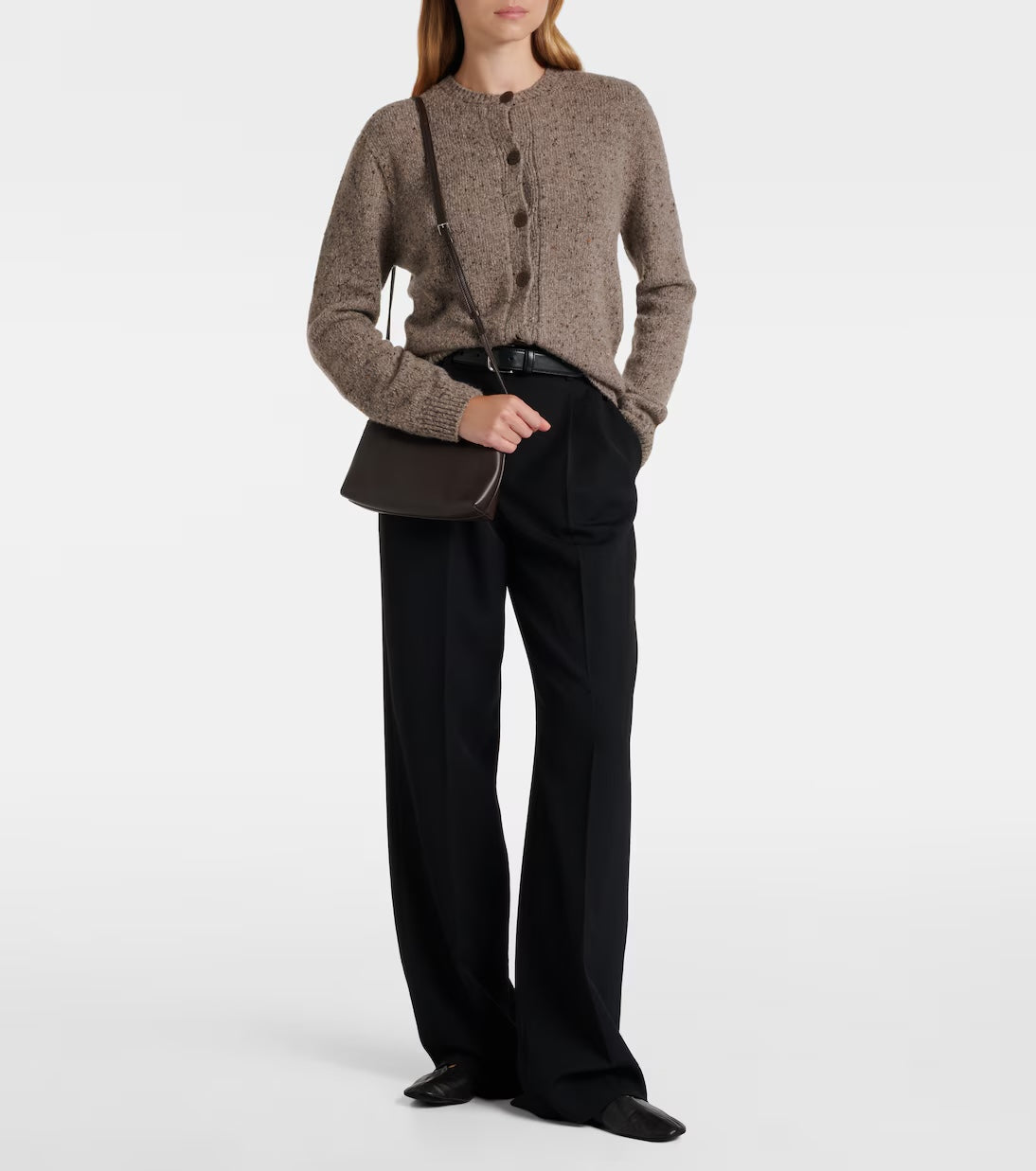 The Row Rene shoulder bag in brown, model styled view — The Quiet Edition