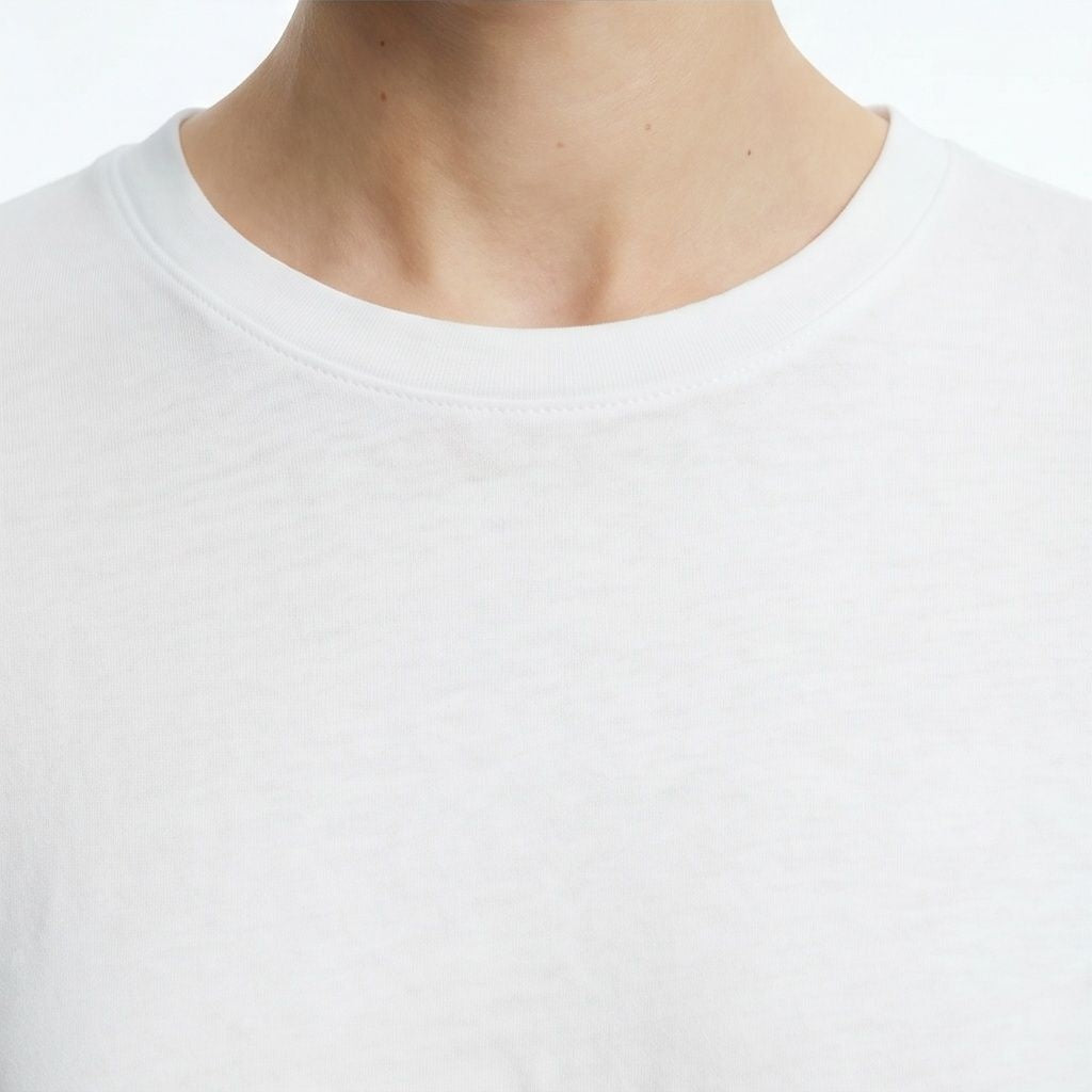 The Row Sherman long-sleeve t-shirt in white, neckline detail — The Quiet Edition