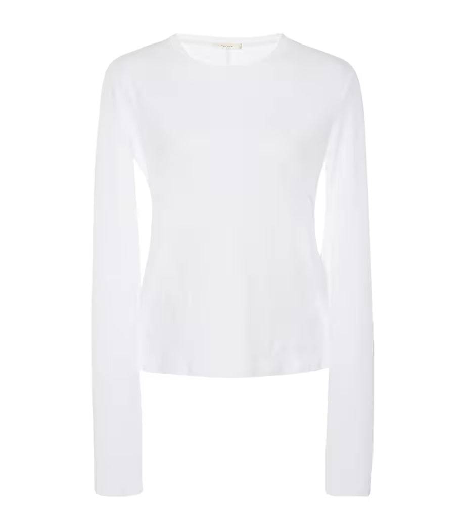 The Row Sherman long-sleeve t-shirt in white, front product view — The Quiet Edition