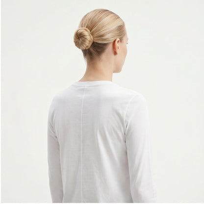 The Row Sherman long-sleeve t-shirt in white, back detail on model — The Quiet Edition
