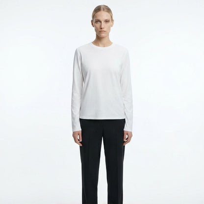 The Row Sherman long-sleeve t-shirt in white, full-length front view on model — The Quiet Edition